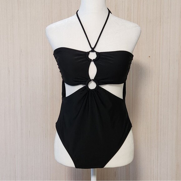 Aeropostale Double O-Ring Halter Monokini Black Swimsuit Women's Size Large - Picture 2 of 8